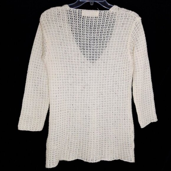 Zara Pointelle Knit Mohair Wool Blend Sweater V Neck Pullover Cream Long L - Picture 4 of 5